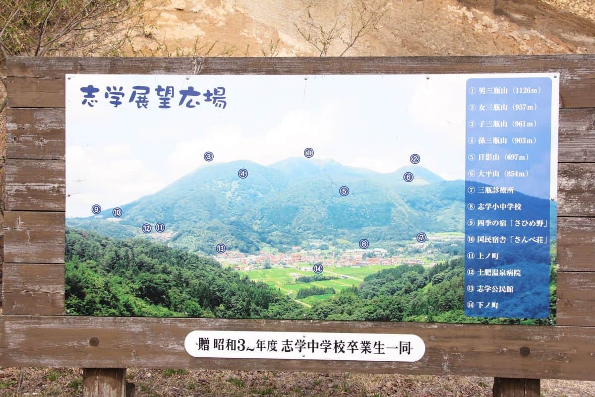 島根県大田市にある三瓶山を見晴らす絶景スポット『志学展望広場』に設置の案内板