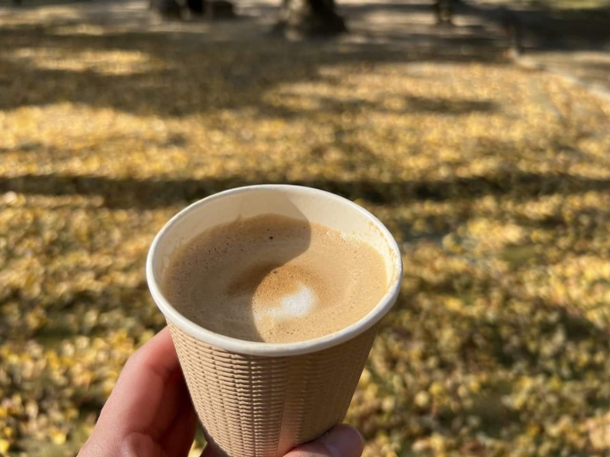 鳥取県鳥取市の「樗谿公園」の近くにある「カプリコーヒービーンズ」でテイクアウトしたコーヒーの写真