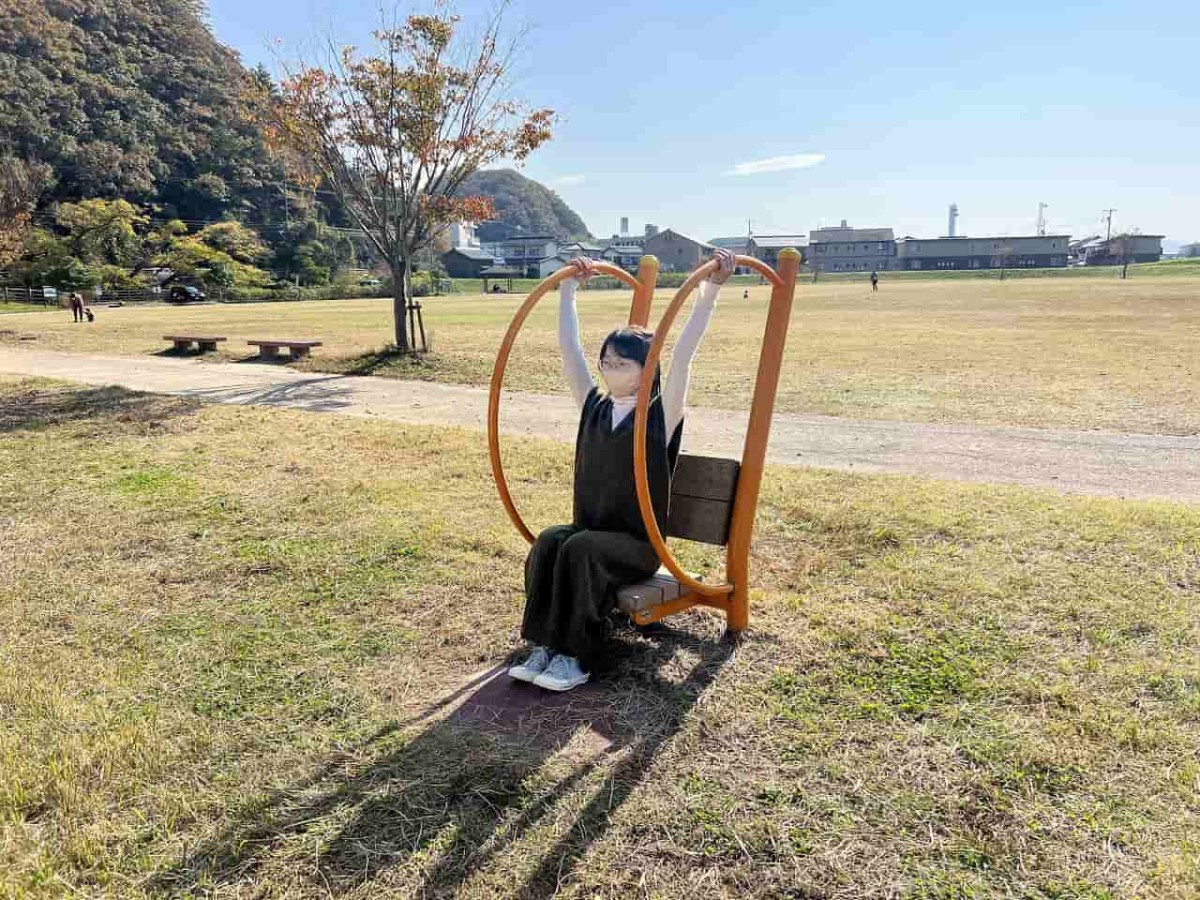 鳥取県鳥取市にある『重箱緑地公園』の健康遊具を体験する編集部