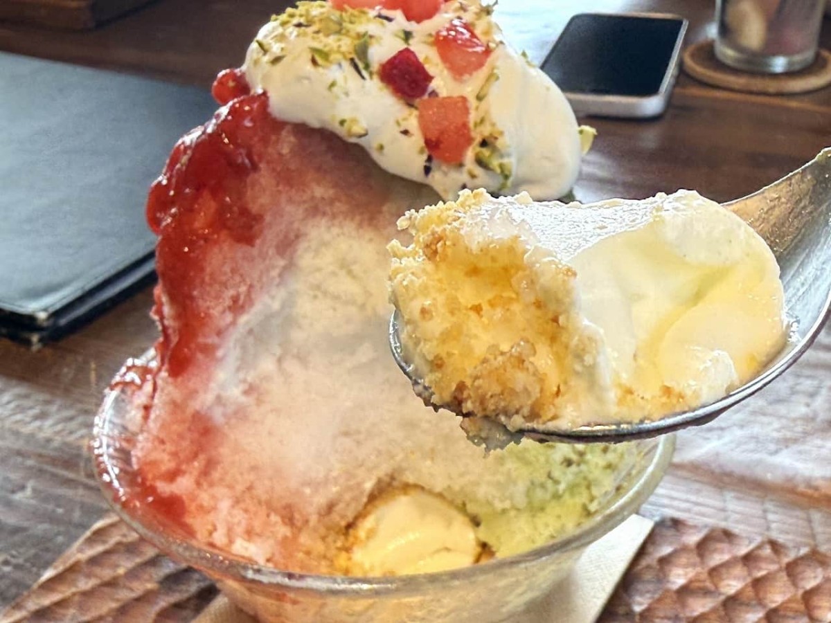 島根県松江市にあるカフェ『TABLE HAUS』で販売しているかき氷の中身_ピスタチオ_いちご_パンナコッタ